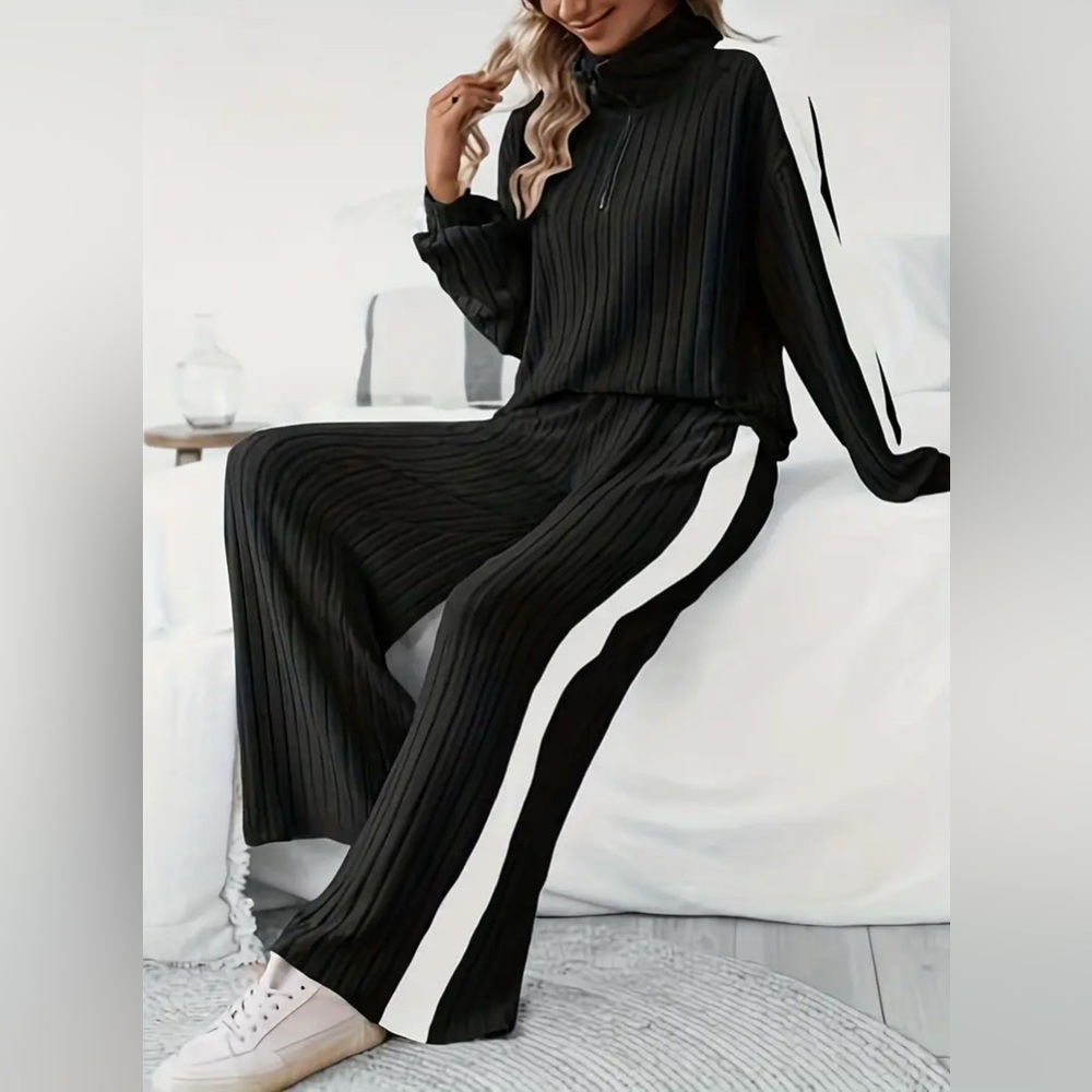 Black Wide-Leg Ribbed Pants with White Side Stripe New